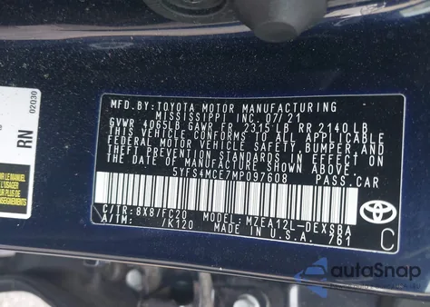 2021 Toyota Corolla Se from USA, damaged, VIN 5YFS4MCE7MP097608